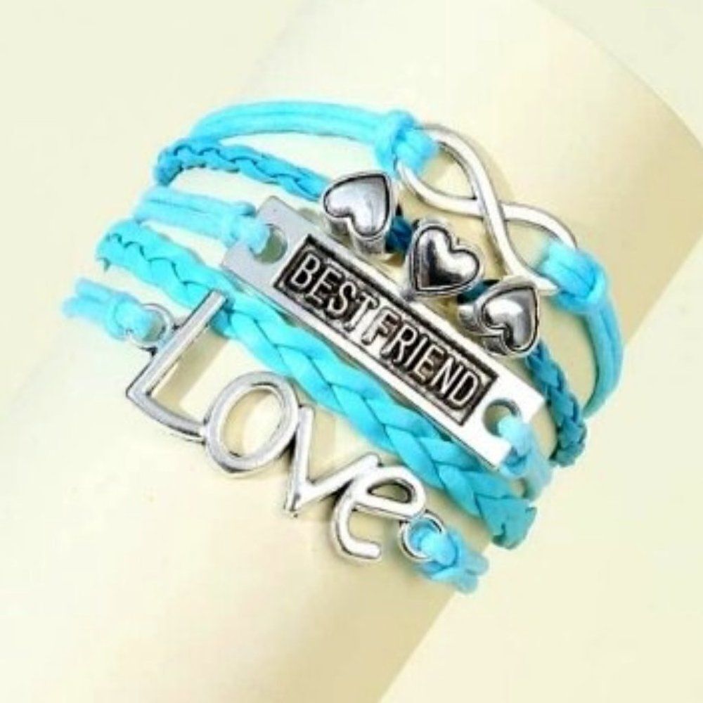 INFINITY LOVE HEART BEST FRIEND LEATHER LAYERED BRACELET IN BLUE AND SILVER